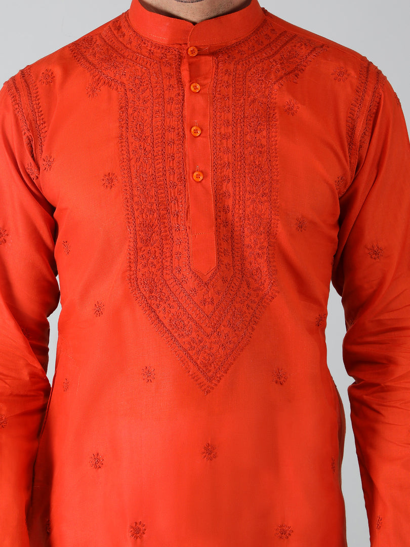 Seva Chikan Hand Embroidered Cotton Lucknowi Chikan Mens Stitched Kurta