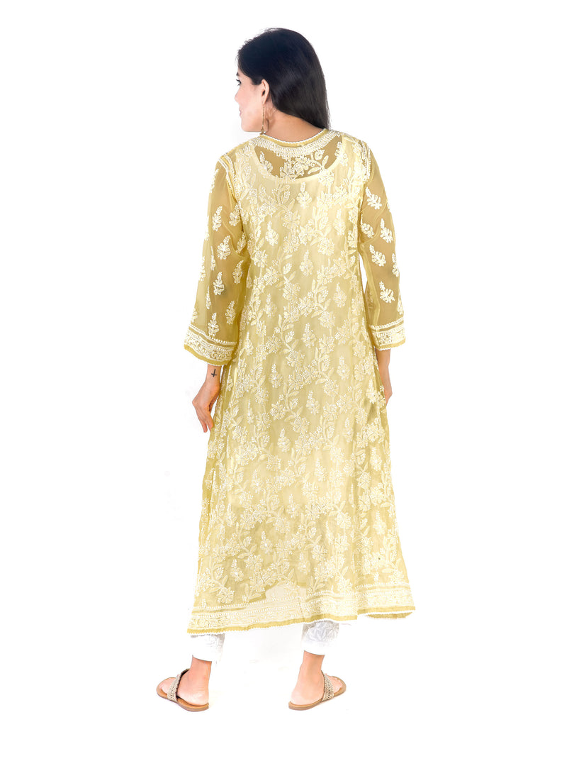 Seva Chikan Hand Embroidered Yellow Georgette Lucknowi Chikankari Anarkali-SCL1348