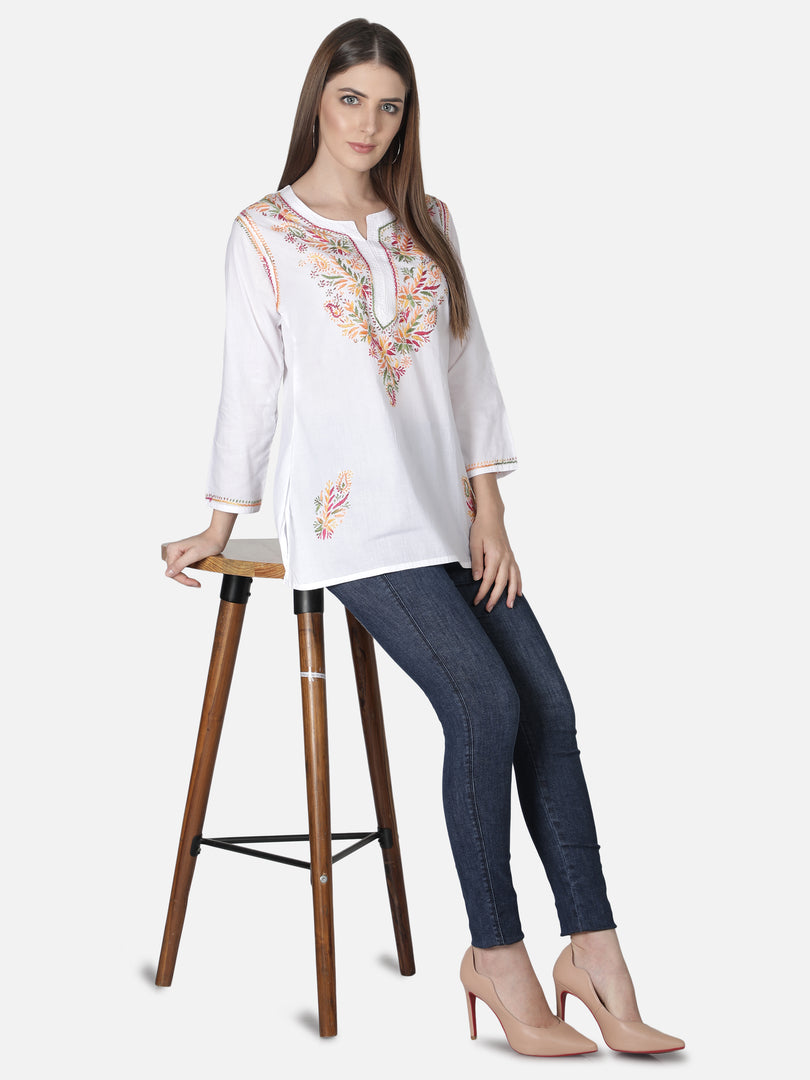 Seva Chikan Hand Embroidered Cotton Lucknowi Chikan Short Top
