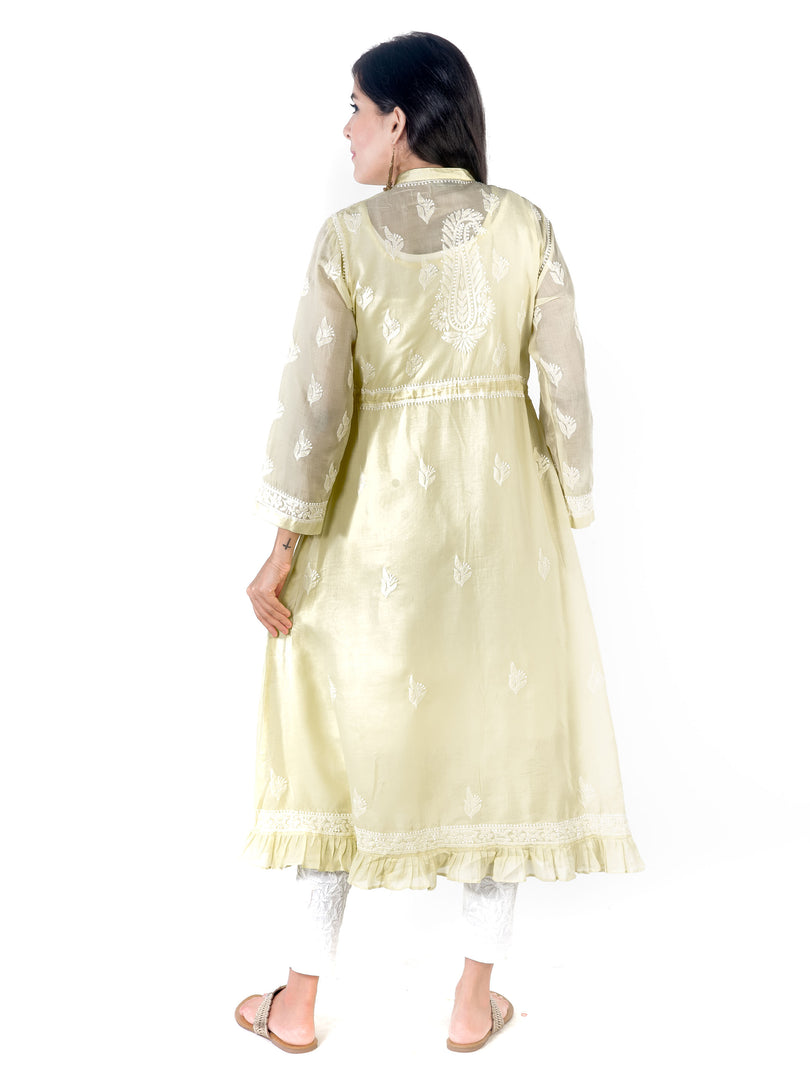 Seva Chikan Hand Embroidered Lemon Cotton Lucknowi Chikankari Anarkali-SCL1367