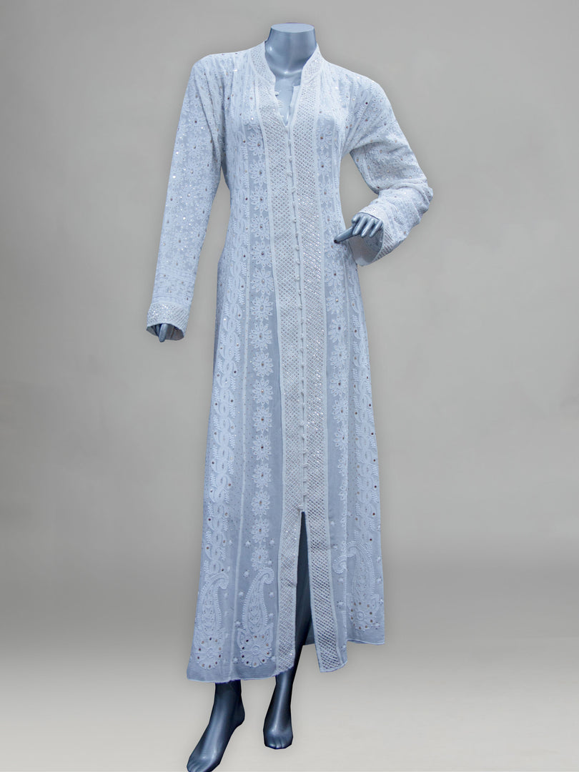 Seva Chikan Hand Embroidered White Pure Georgette Lucknowi Chikankari Semi-Stitched Anarkali & Dupatta With Mukaish Work-SCL0879
