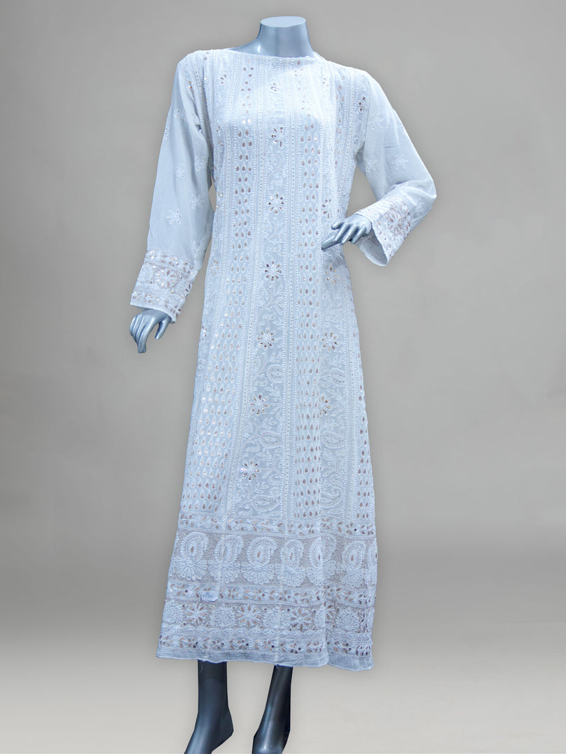 Seva Chikan Hand Embroidered White Pure Georgette Semi-Stitched Anarkali & Dupatta With Gotta Patti & Mukaish Work-SCL0880