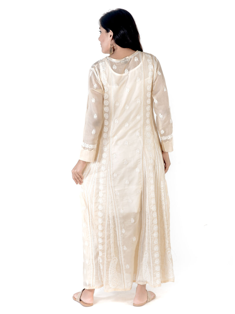 Seva Chikan Hand Embroidered Khaki Cotton Lucknowi Chikankari Anarkali-SCL1768
