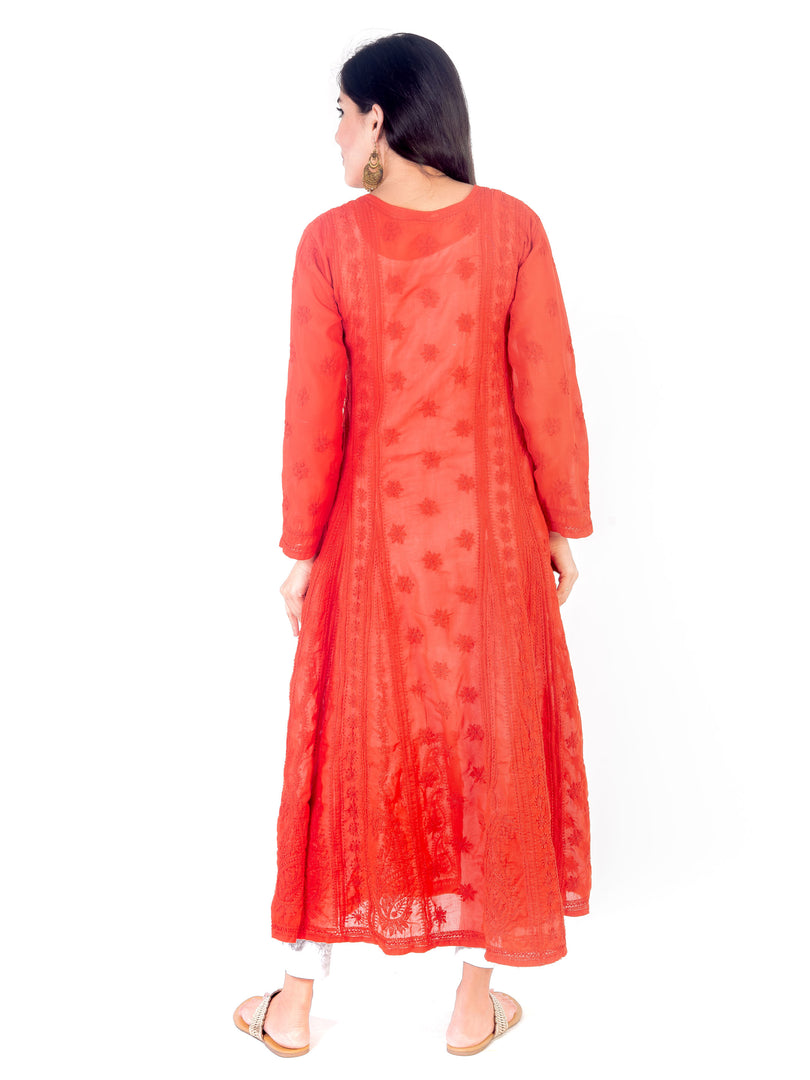 Seva Chikan Hand Embroidered Red Cotton Lucknowi Chikankari Anarkali-SCL1355