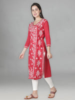 Load image into Gallery viewer, Seva Chikan Hand Embroidered Red Cotton Chikankari Angarkha Style Kurta