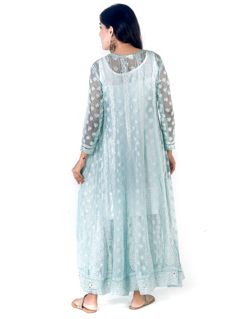 Seva Chikan Hand Embroidered Turquoise Georgette Lucknowi Chikankari Anarkali With Mukaish Work-SCL1771