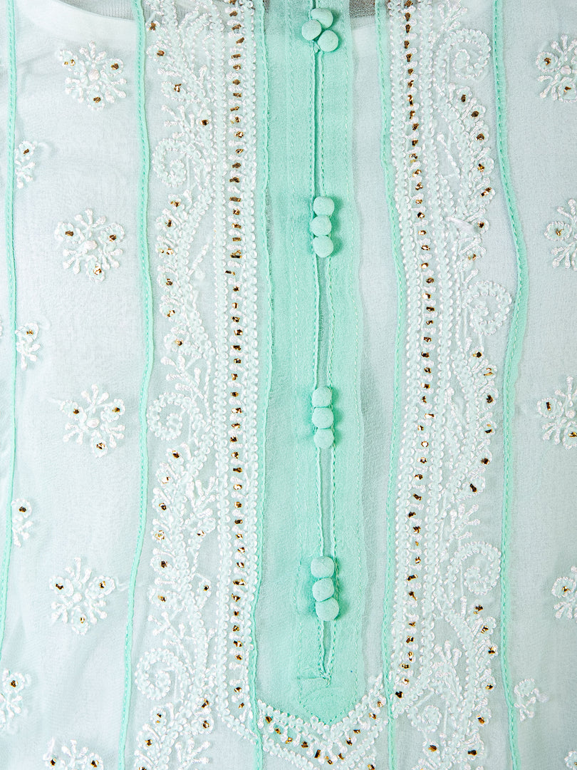 Seva Chikan Hand Embroidered Turquoise Georgette Lucknowi Chikankari Anarkali With Mukaish Work-SCL1771