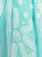 Load image into Gallery viewer, Seva Chikan Hand Embroidered Turquoise Georgette Lucknowi Saree-SCL1169