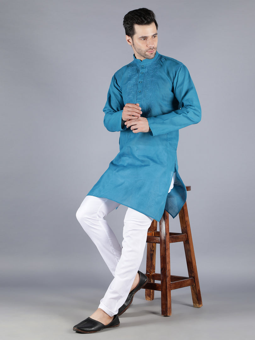 Seva Chikan Hand Embroidered  Cotton Lucknowi Chikan Mens Stitched Kurta
