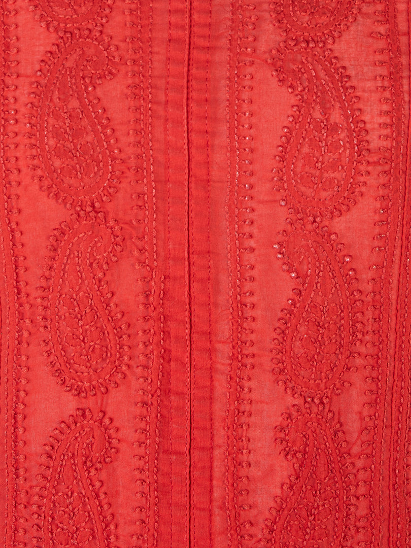 Seva Chikan Hand Embroidered Red Cotton Lucknowi Chikankari Anarkali-SCL1355