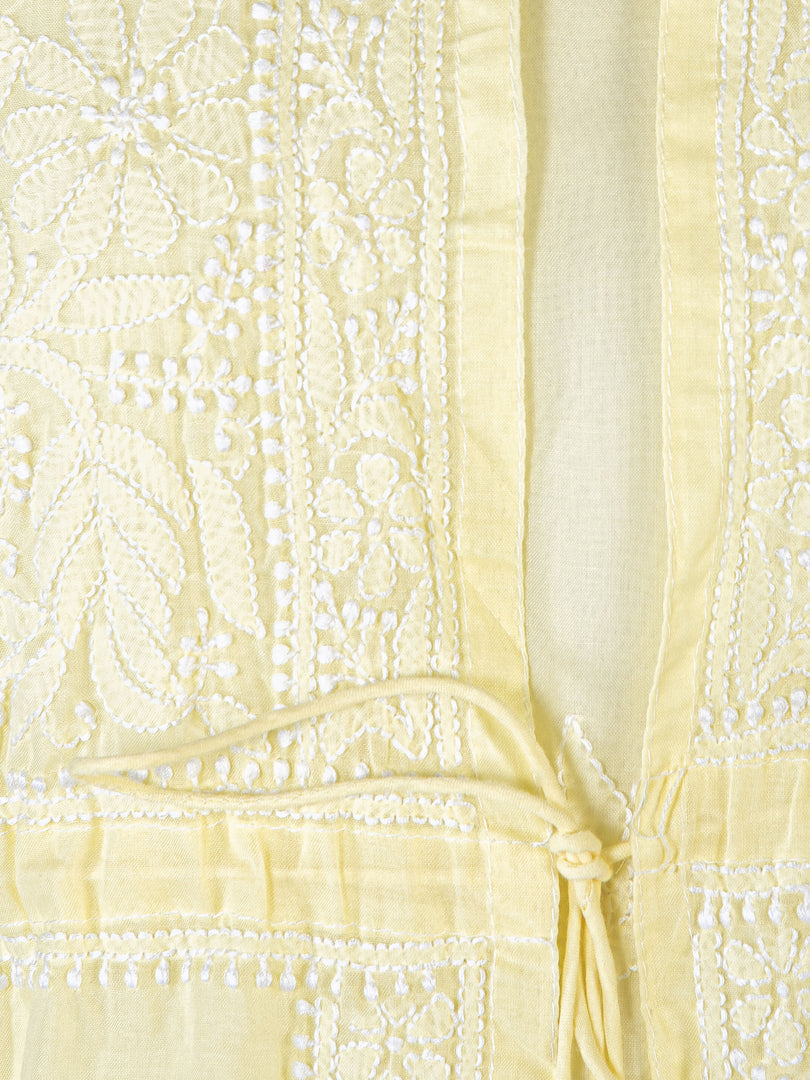 Seva Chikan Hand Embroidered Lemon Cotton Lucknowi Chikankari Anarkali-SCL1367