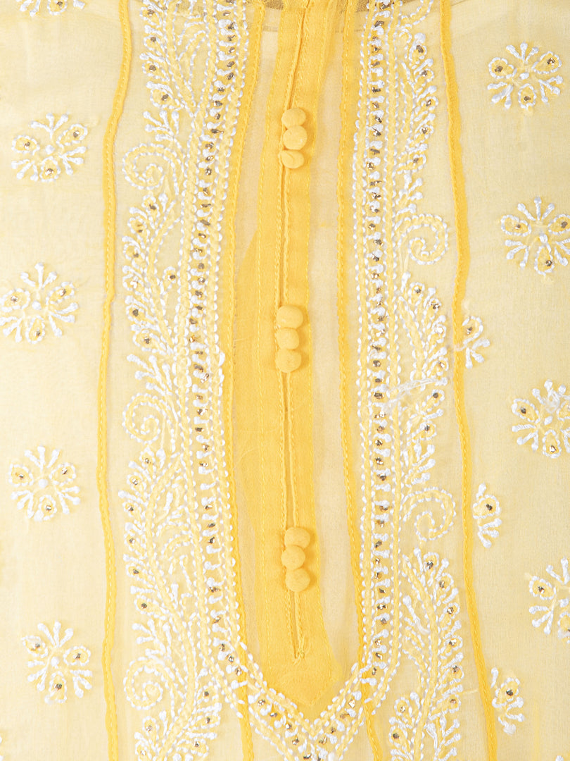 Seva Chikan Hand Embroidered Yellow Georgette Lucknowi Chikankari Anarkali-SCL1364