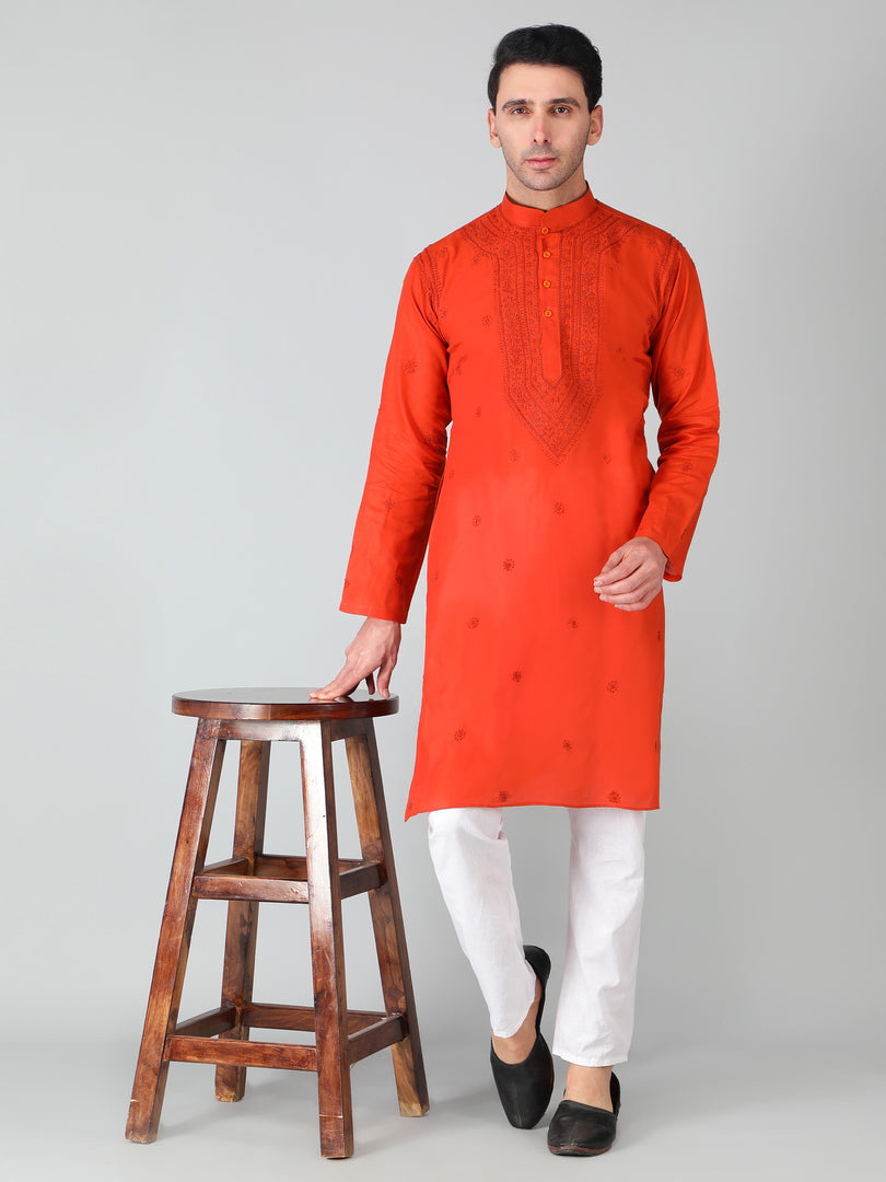 Seva Chikan Hand Embroidered Cotton Lucknowi Chikan Mens Stitched Kurta