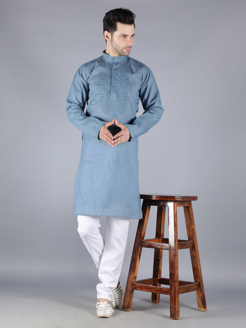 Seva Chikan Hand Embroidered Lucknowi Chikan Mens Kurta