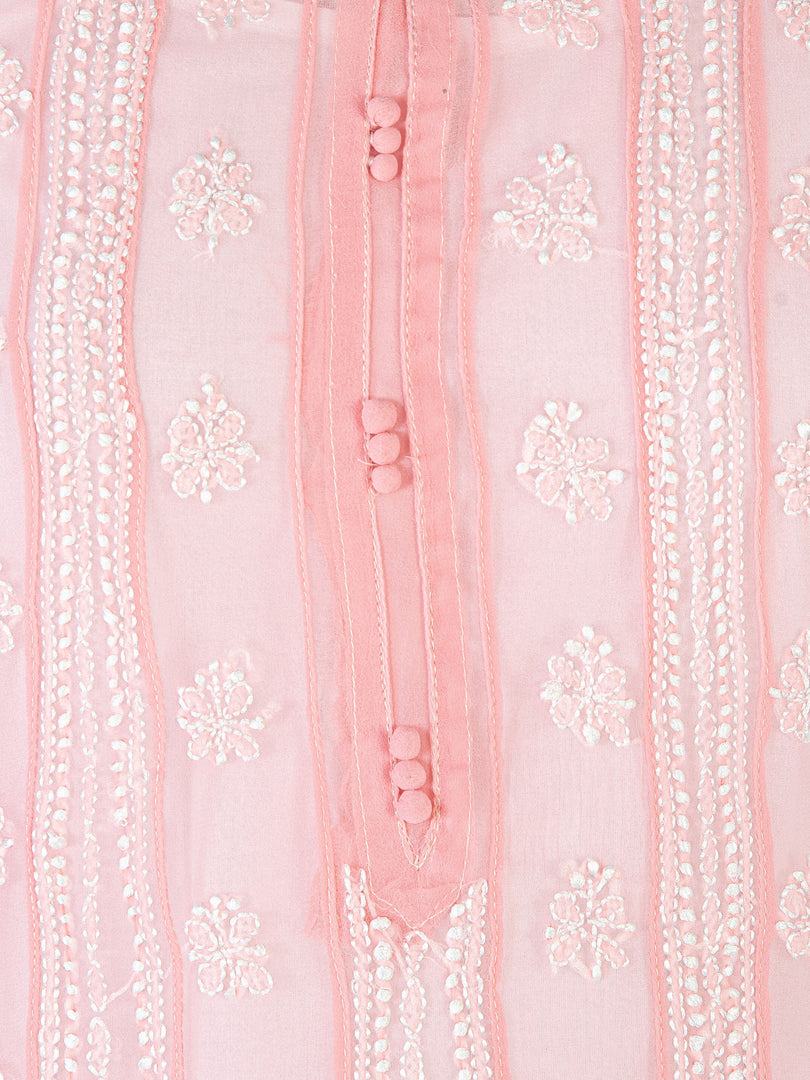 Seva Chikan Hand Embroidered Peach Georgette Lucknowi Chikankari Anarkali-SCL1321