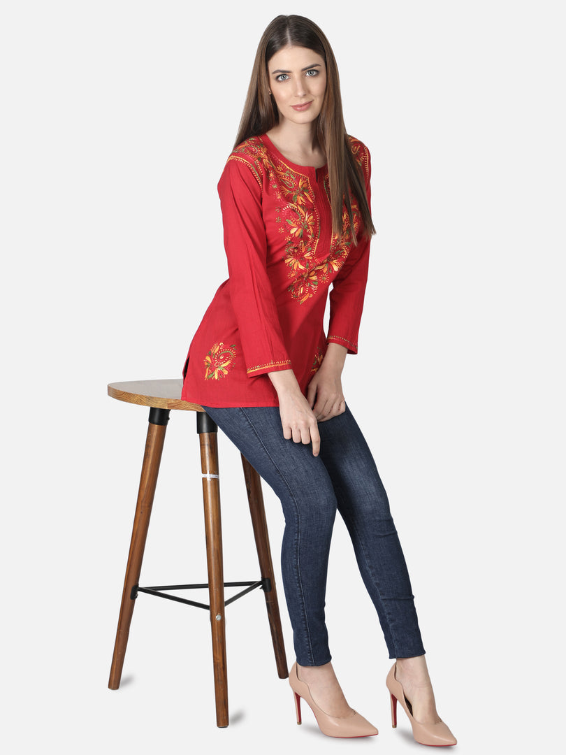 Seva Chikan Hand Embroidered Cotton Lucknowi Chikan Short Top