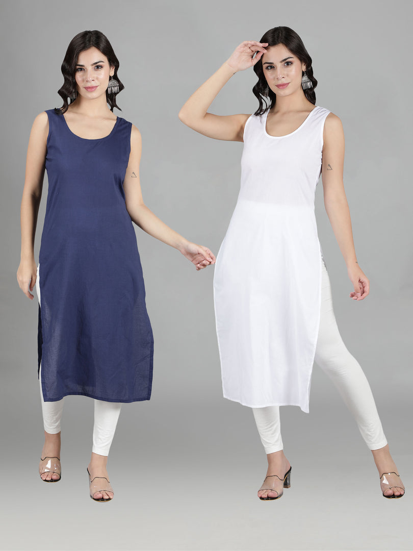 Seva Chikan Cotton Long Slips Combo of White (Pack of 2)