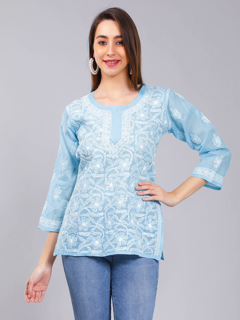 Seva Chikan Hand Embroidered Terivoil Cotton Lucknowi Chikan Top