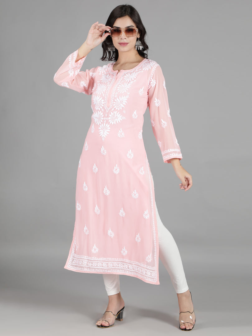 Seva Chikan Hand Embroidered Georgette Lucknowi Chikan Kurti With Slip