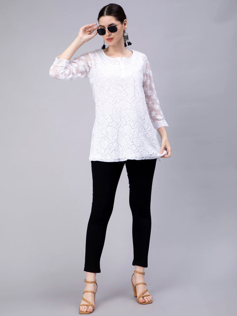 Seva Chikan Hand Embroidered Georgette Lucknowi Chikan Top With Slip