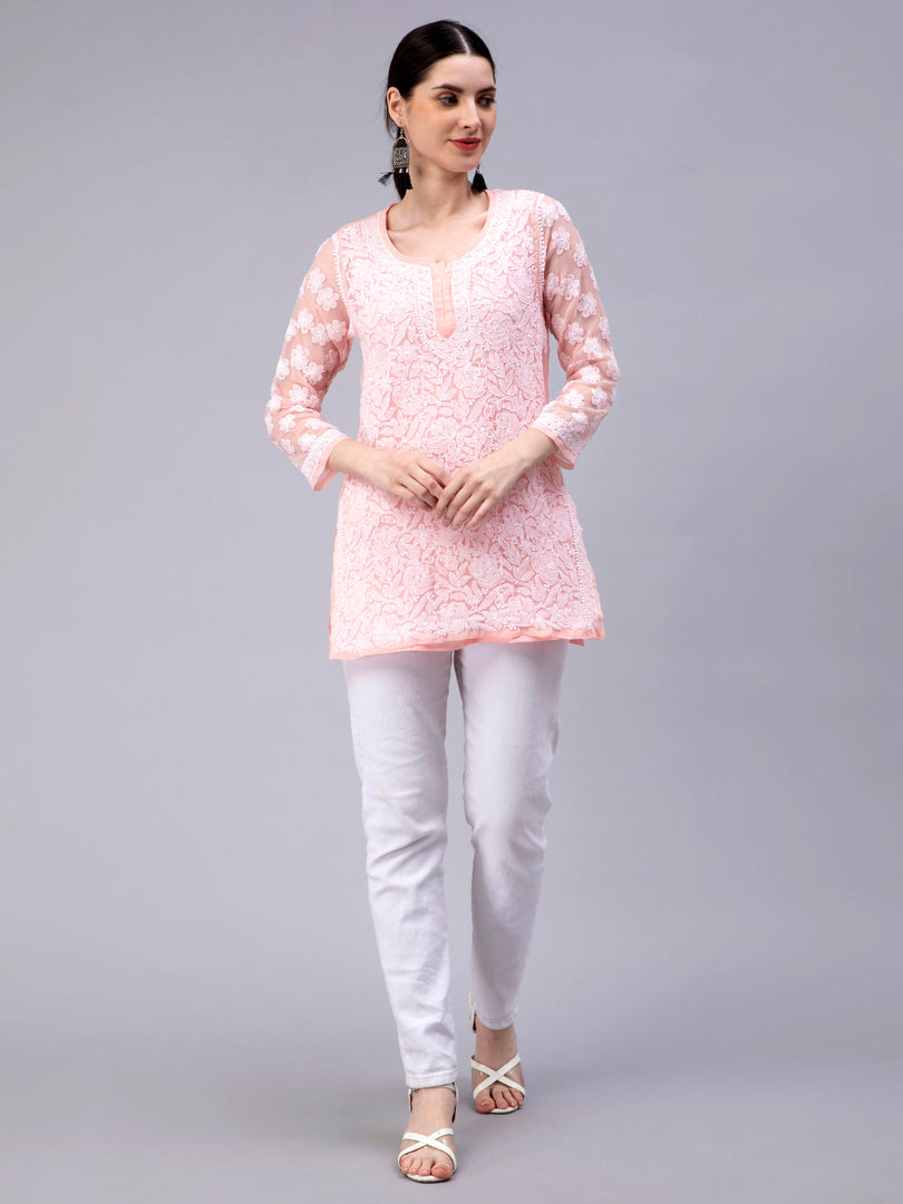 Seva Chikan Hand Embroidered Georgette Lucknowi Chikan Top With Slip