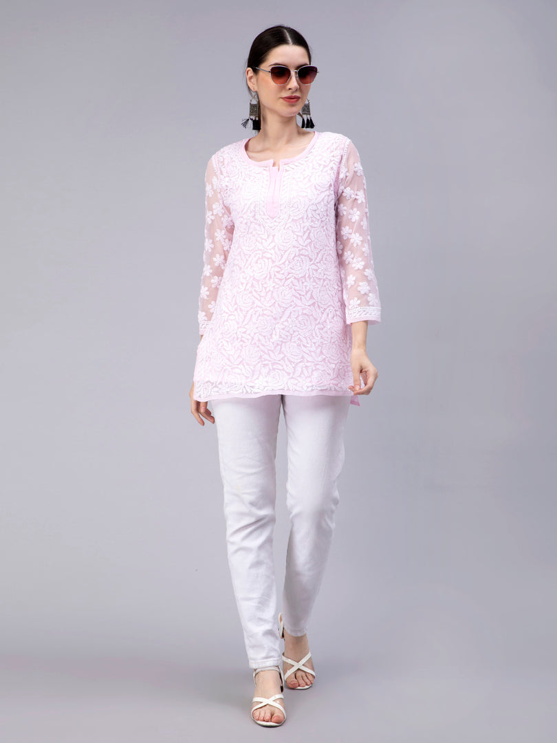 Seva Chikan Hand Embroidered Georgette Lucknowi Chikan Top With Slip