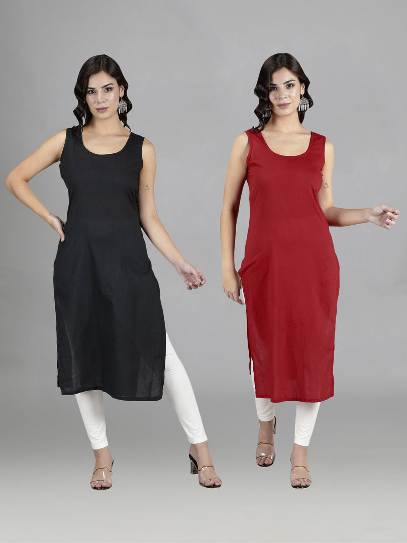 Seva Chikan Cotton Long Slips Combo Of Black (Pack of 2)