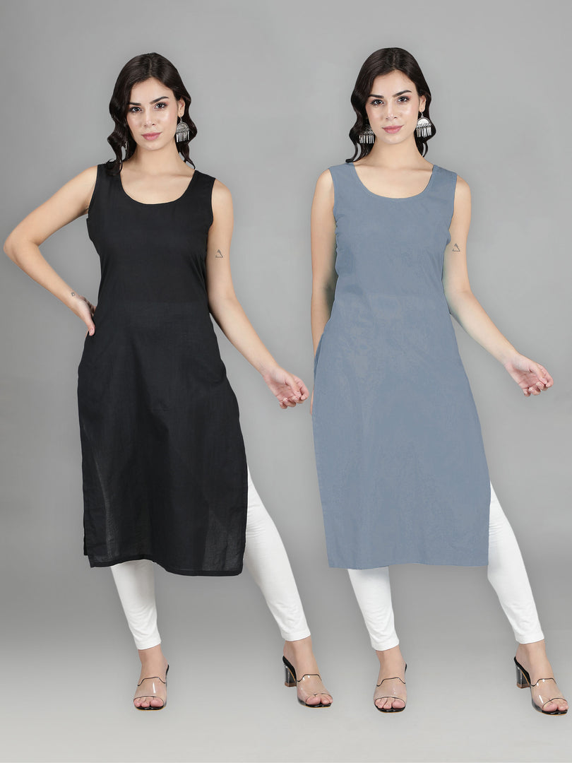 Seva Chikan Cotton Long Slips Combo Of Black (Pack of 2)