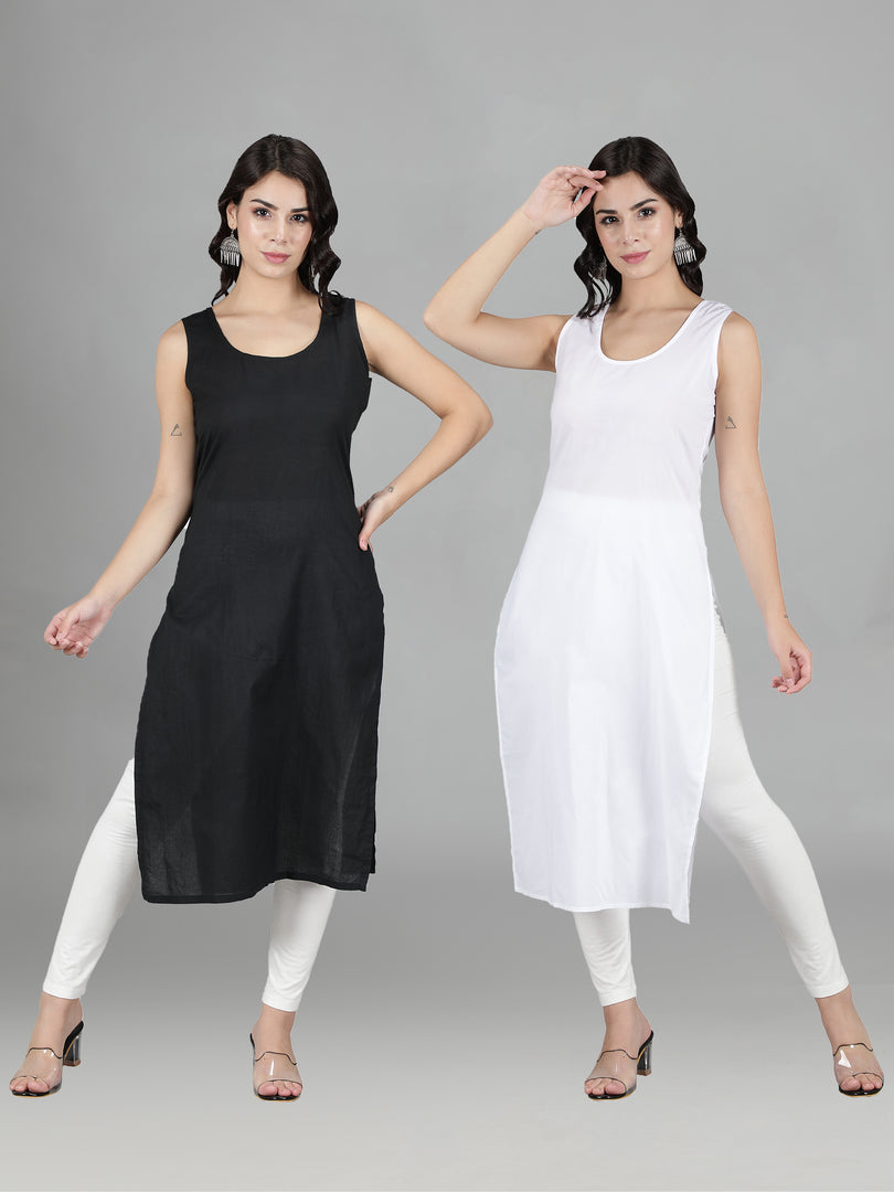 Seva Chikan Cotton Long Slips Combo of White (Pack of 2)