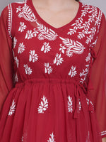 Load image into Gallery viewer, Seva Chikan Hand Embroidered Maroon Georgette Lucknowi Chikankari Kurta Set SCL8064
