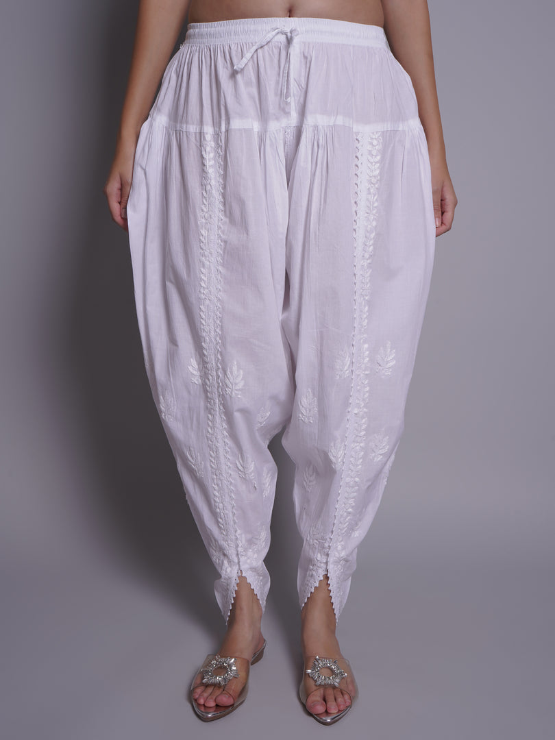 Seva Chikan Hand Embroidered White Cotton Lucknawi Chikankari Pant-SCL11037