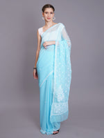 Load image into Gallery viewer, Seva Chikan Hand Embroidered Blue Georgette Lucknowi Chikankari Saree- SCL6067