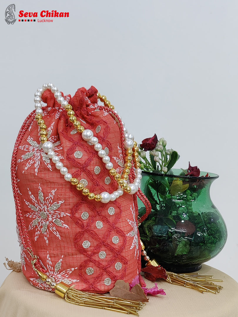 Seva Chikan Hand Embroidered Kota Lucknowi Chikankari Potali With Tasseled Gota Patti Work