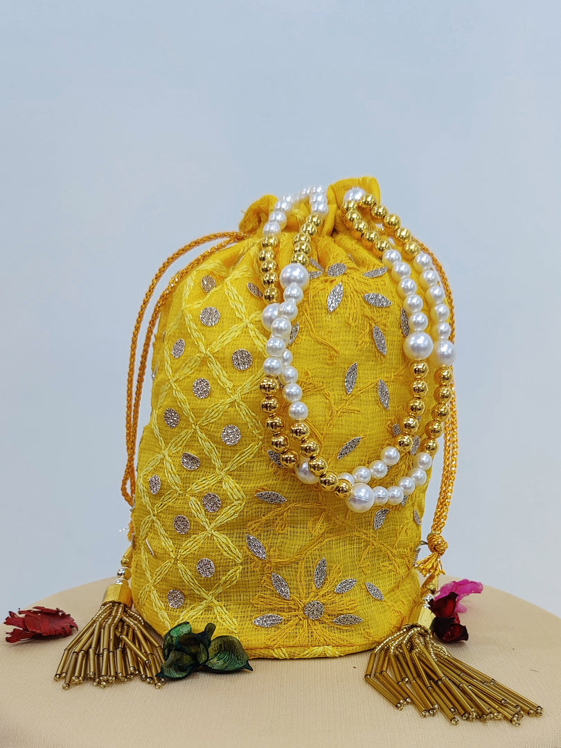 Seva Chikan Hand Embroidered Kota Lucknowi Chikankari Potali With Tasseled Gota Patti Work