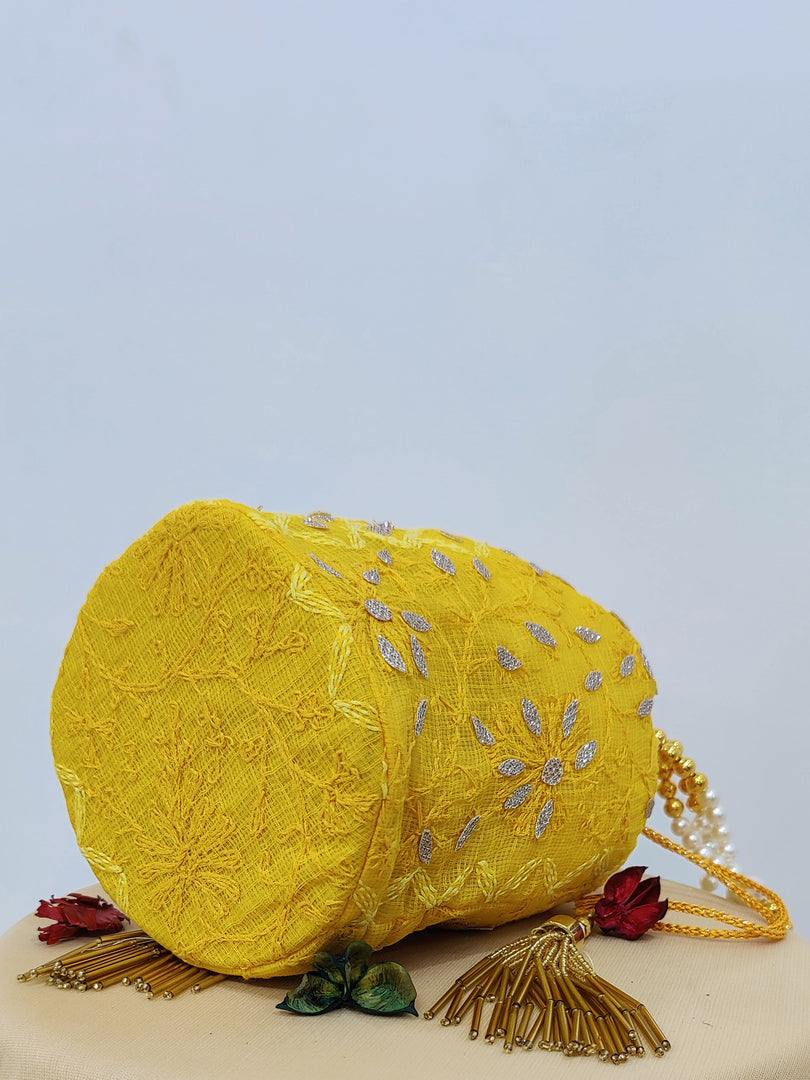Seva Chikan Hand Embroidered Kota Lucknowi Chikankari Potali With Tasseled Gota Patti Work