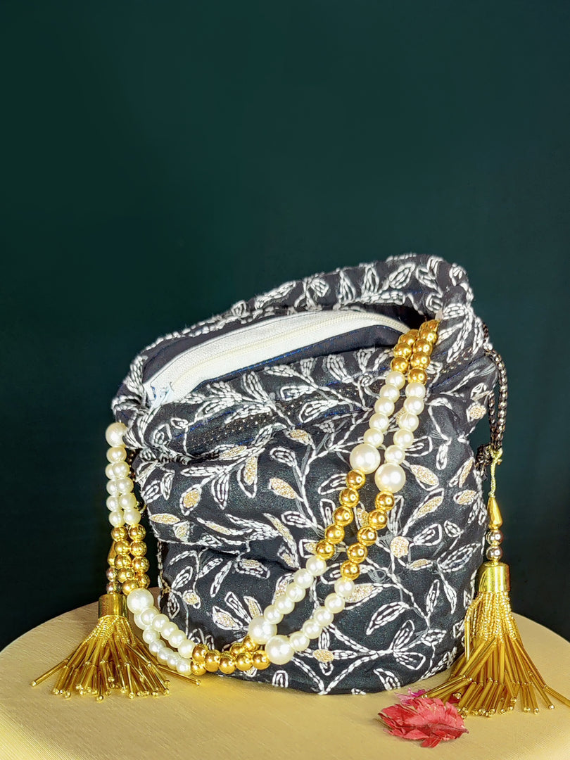 Seva Chikan Hand Embroidered Kota Lucknowi Chikankari Potali With Tasseled Gota Patti Work