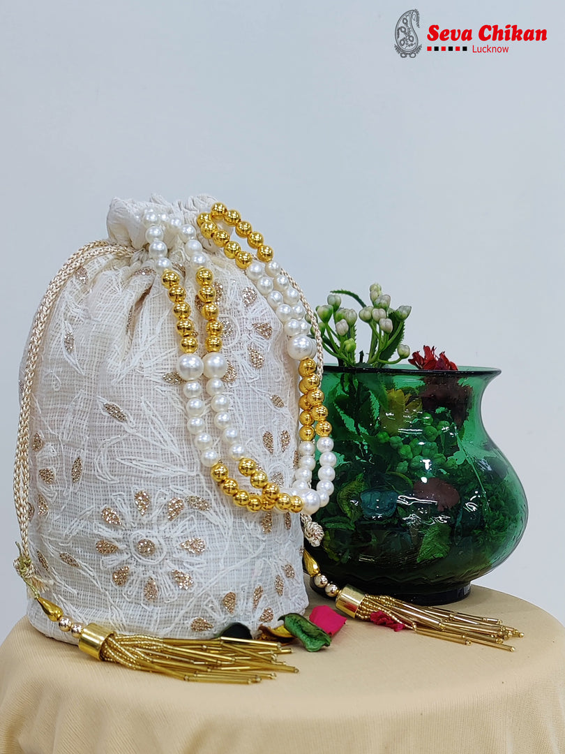 Seva Chikan Hand Embroidered Kota Lucknowi Chikankari Potali With Tasseled Gota Patti Work