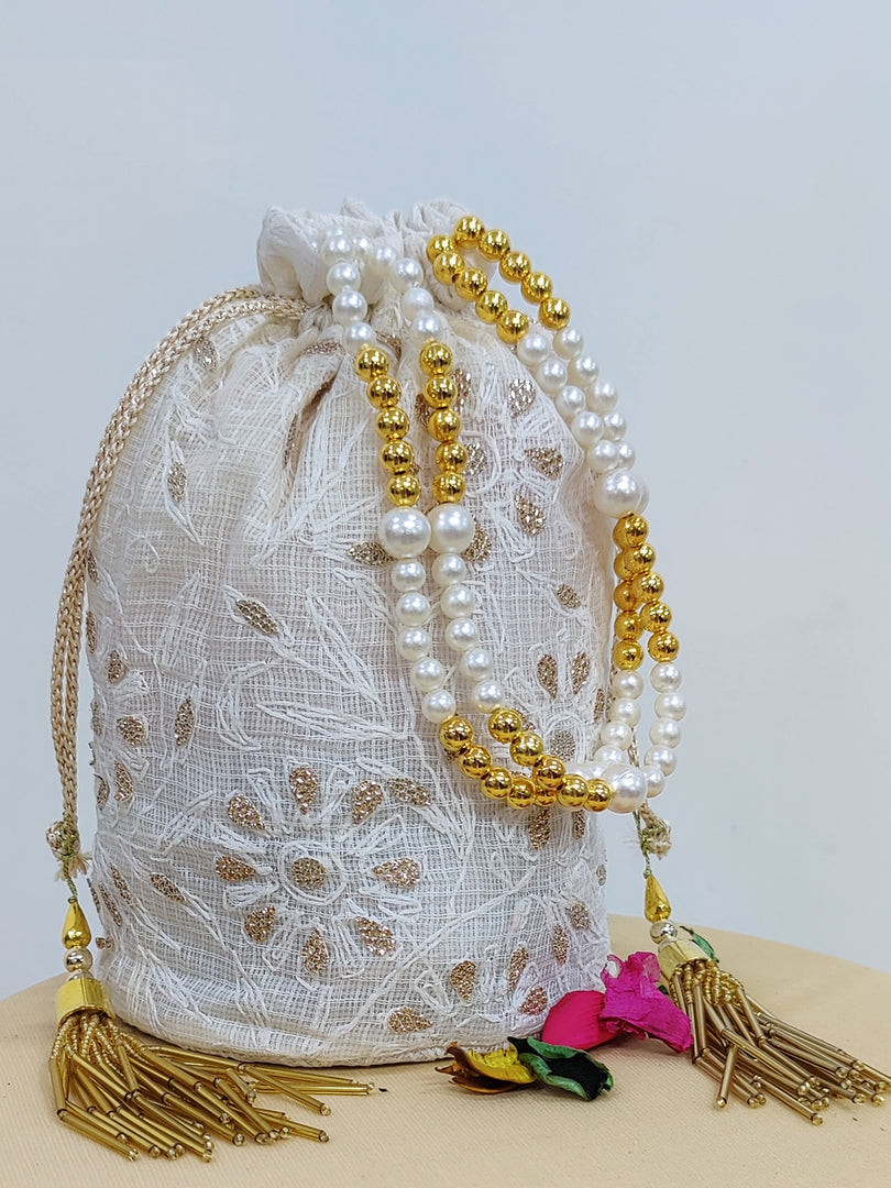 Seva Chikan Hand Embroidered Kota Lucknowi Chikankari Potali With Tasseled Gota Patti Work