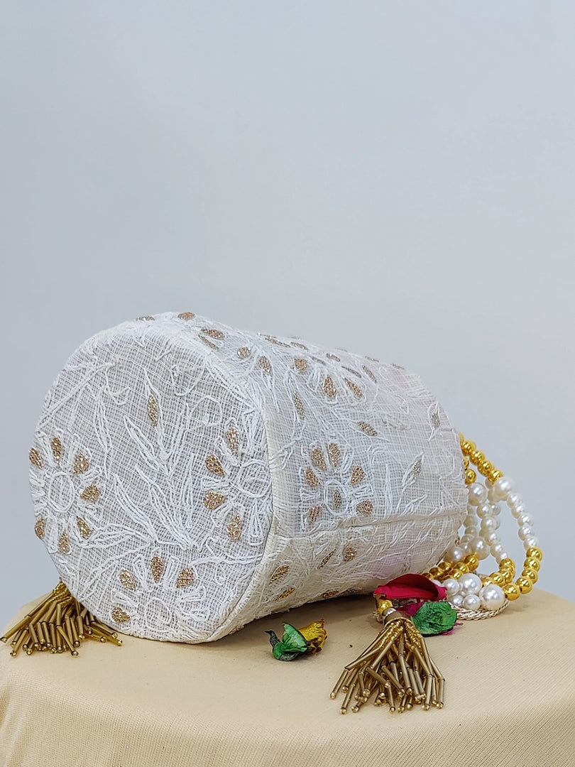 Seva Chikan Hand Embroidered Kota Lucknowi Chikankari Potali With Tasseled Gota Patti Work