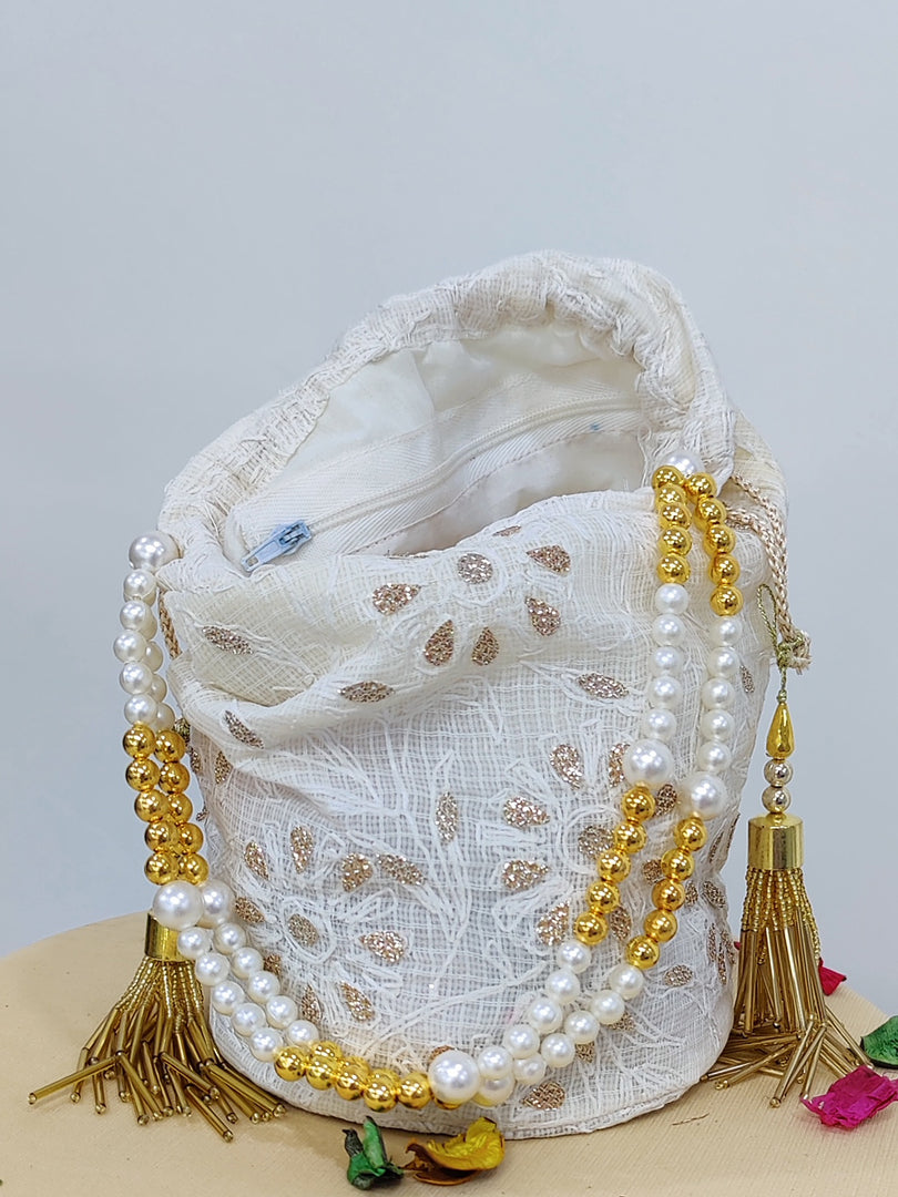Seva Chikan Hand Embroidered Kota Lucknowi Chikankari Potali With Tasseled Gota Patti Work