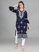 Load image into Gallery viewer, Seva Chikan Hand Embroidered Navy Blue Cotton Kurta With Pant-SCL8010