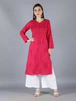 Load image into Gallery viewer, Seva Chikan Hand Embroidered Magenta Cotton Kurta With Palazoo-SCL8020
