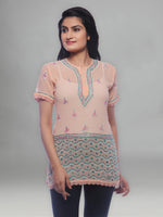 Load image into Gallery viewer, Seva Chikan Hand Embroidered Peach Georgette Lucknowi Chikankari Short Top With Sequins Work-SCL0168