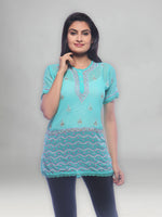 Load image into Gallery viewer, Seva Chikan Hand Embroidered Turquoise Georgette Lucknowi Chikankari Short Top With Sequins Work-SCL0172