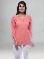 Load image into Gallery viewer, Seva Chikan Hand Embroidered Peach Cotton Lucknowi Chikankari Short Top-SCL0500
