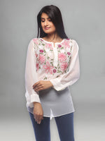 Load image into Gallery viewer, Seva Chikan Hand Embroidered Off White Georgette Lucknowi Chikankari Short Top-SCL0512