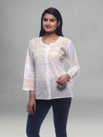 Load image into Gallery viewer, Seva Chikan Hand Embroidered White Cotton Lucknowi Chikankari Short Top With Mukaish Work- SCL0150