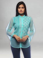 Load image into Gallery viewer, Seva Chikan Hand Embroidered Green Georgette Lucknowi Chikankari Shirt-SCL0514