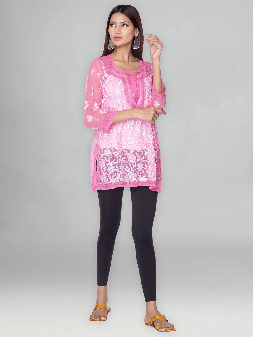 Seva Chikan Hand Embroidered Dark Pink Faux Georgette Lucknowi Chikan Top-SCL0975