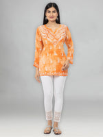 Load image into Gallery viewer, Seva Chikan Hand Embroidered Orange Rayon Lucknowi Chikankari Short Top-SCL2013